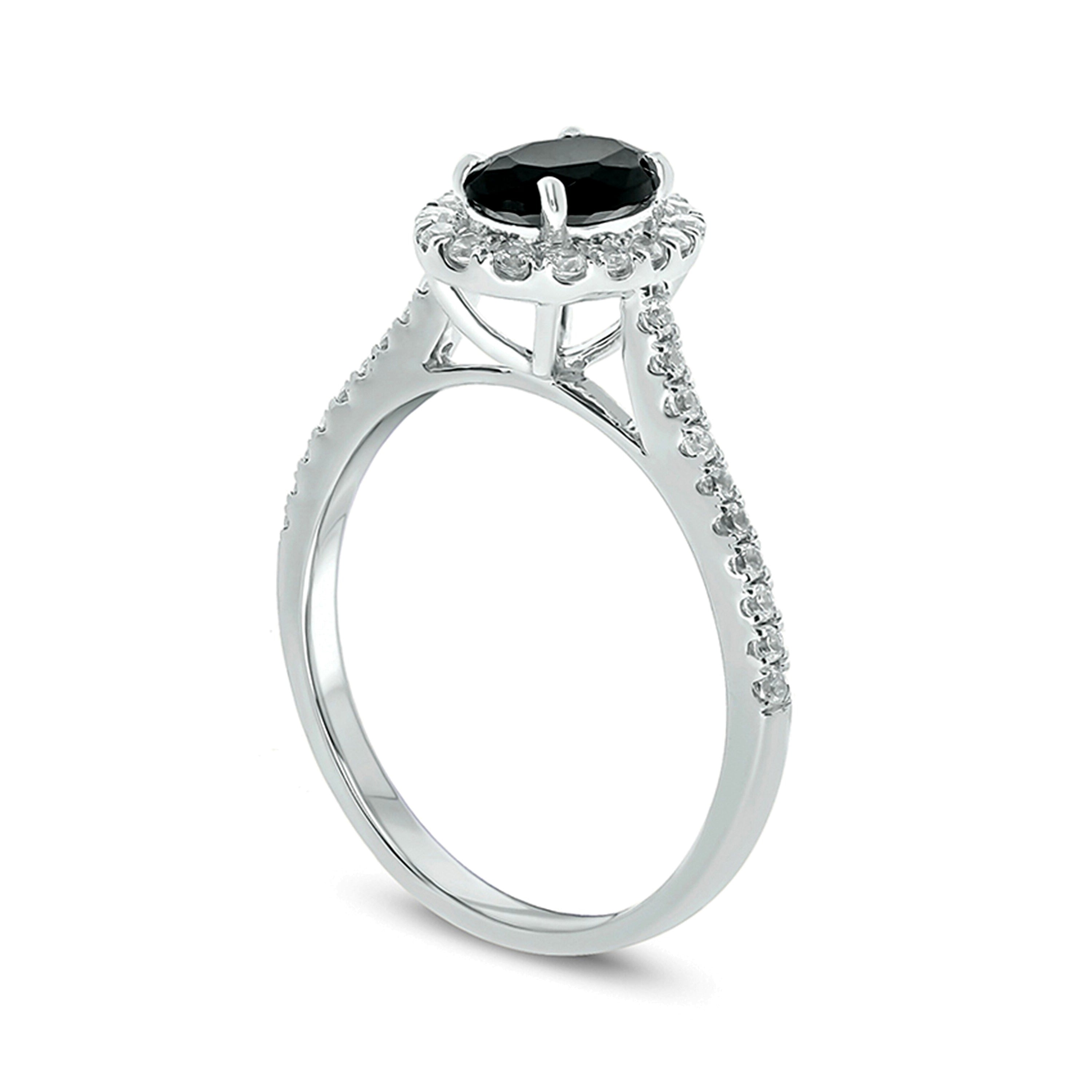 Verlobungsring mit ovalem schwarzem Saphir und Diamanten 0,33 ct. Gesamtgewicht Halo in 10K Weißgold