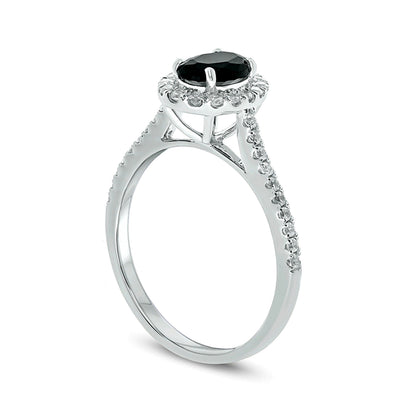 Verlobungsring mit ovalem schwarzem Saphir und Diamanten 0,33 ct. Gesamtgewicht Halo in 10K Weißgold