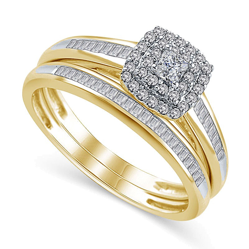 0.5 ct. Gesamtgewicht Braut-Set mit Diamanten im Princess- und Rundschliff in 10K Gelbgold