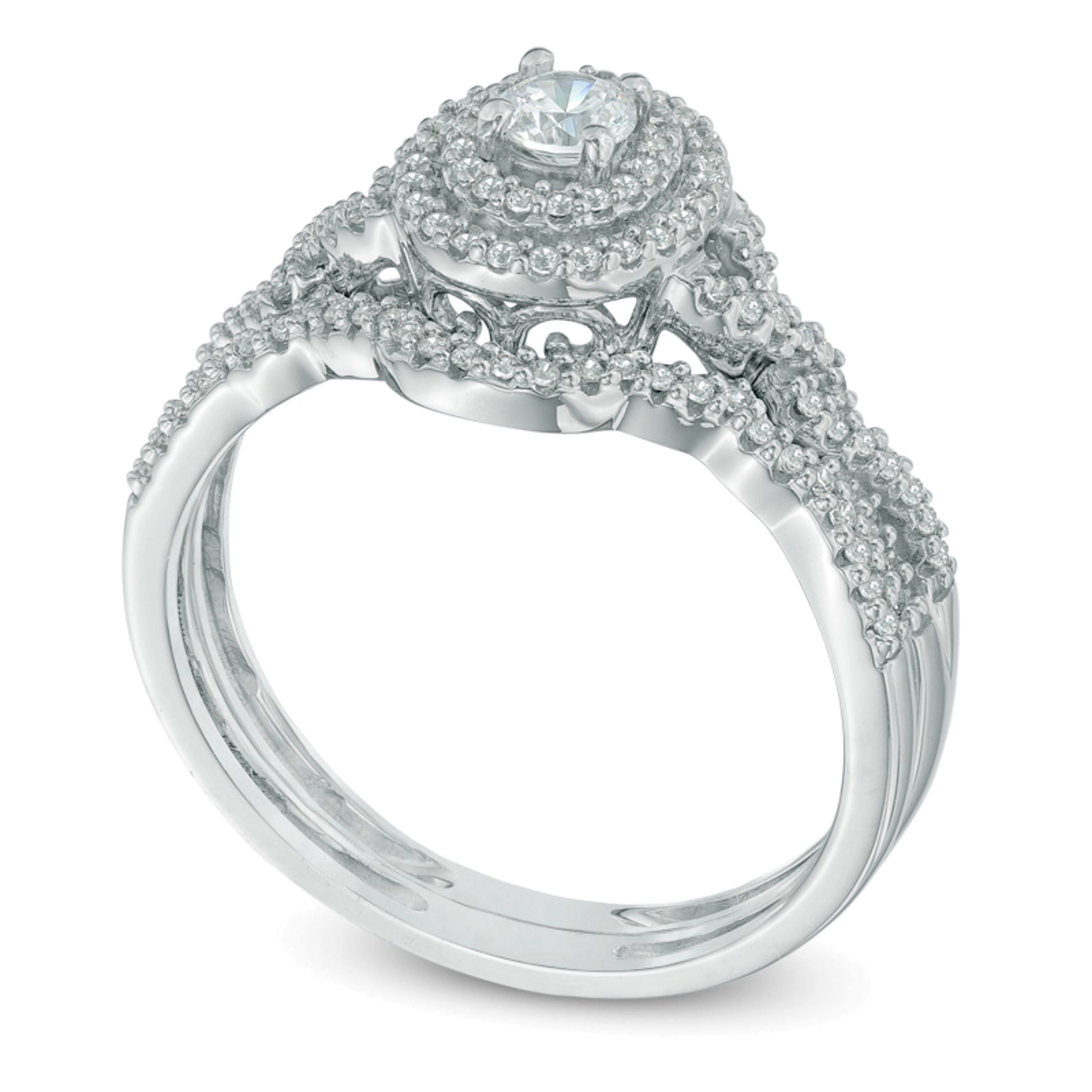 0.5 ct. Gesamtgewicht Diamant Braut-Set mit ovalem Rahmen und geflochtener Schiene in 10K Weißgold