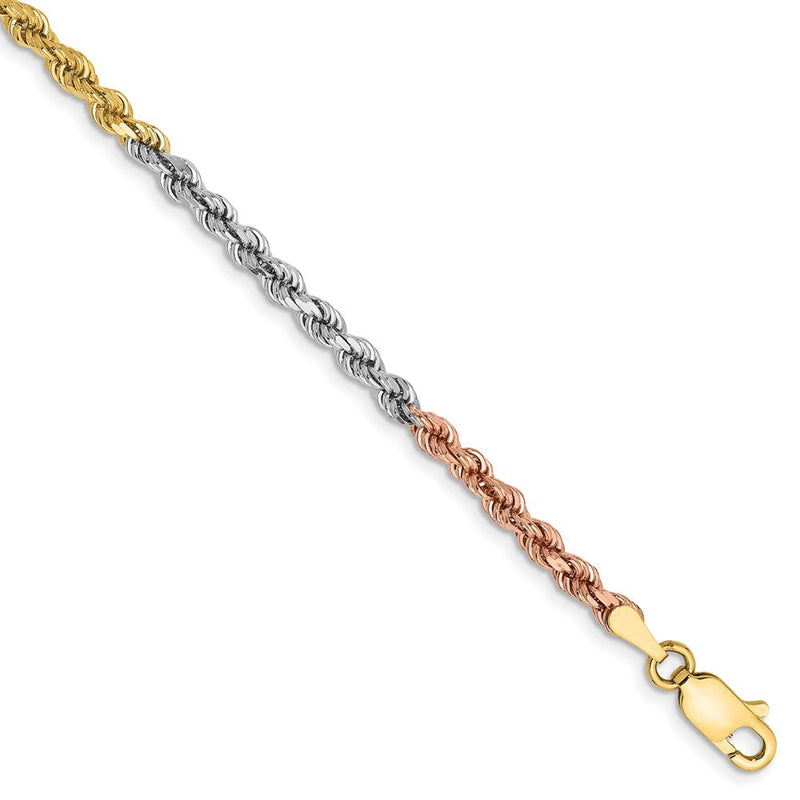 14K Tricolor Tri-colored 2.9mm Diamantiert Kordel mit Karabinerverschluss Gliederarmband
