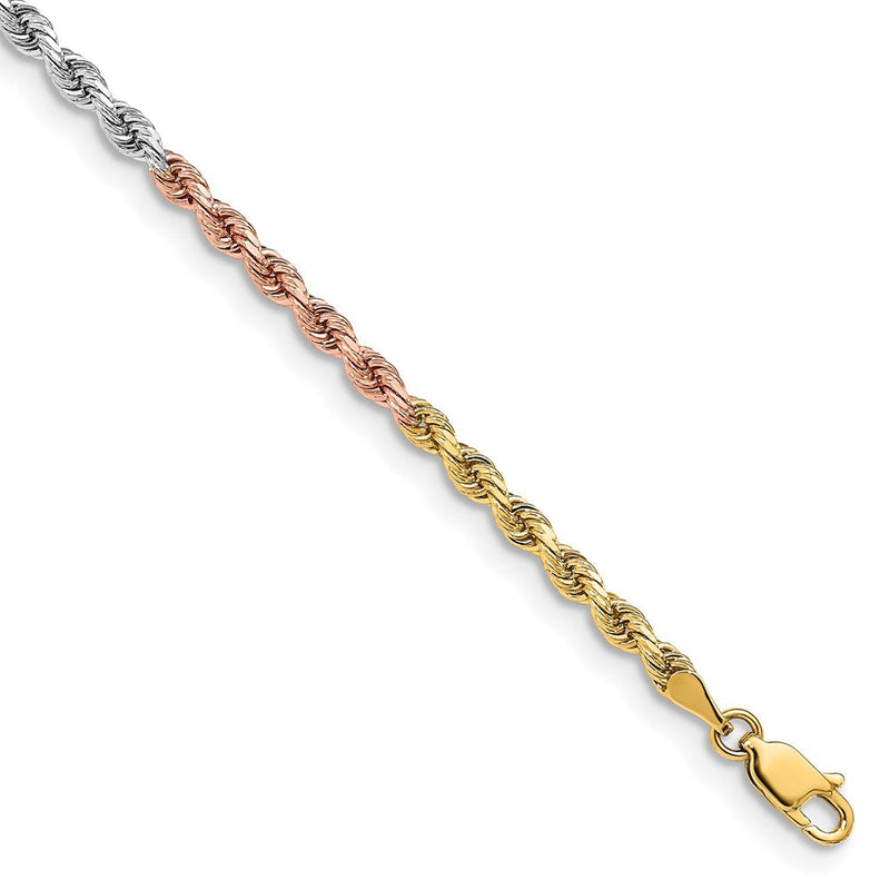 14K Tricolor Tri-colored 3mm Diamantiert Kordel mit Karabinerverschluss Gliederarmband