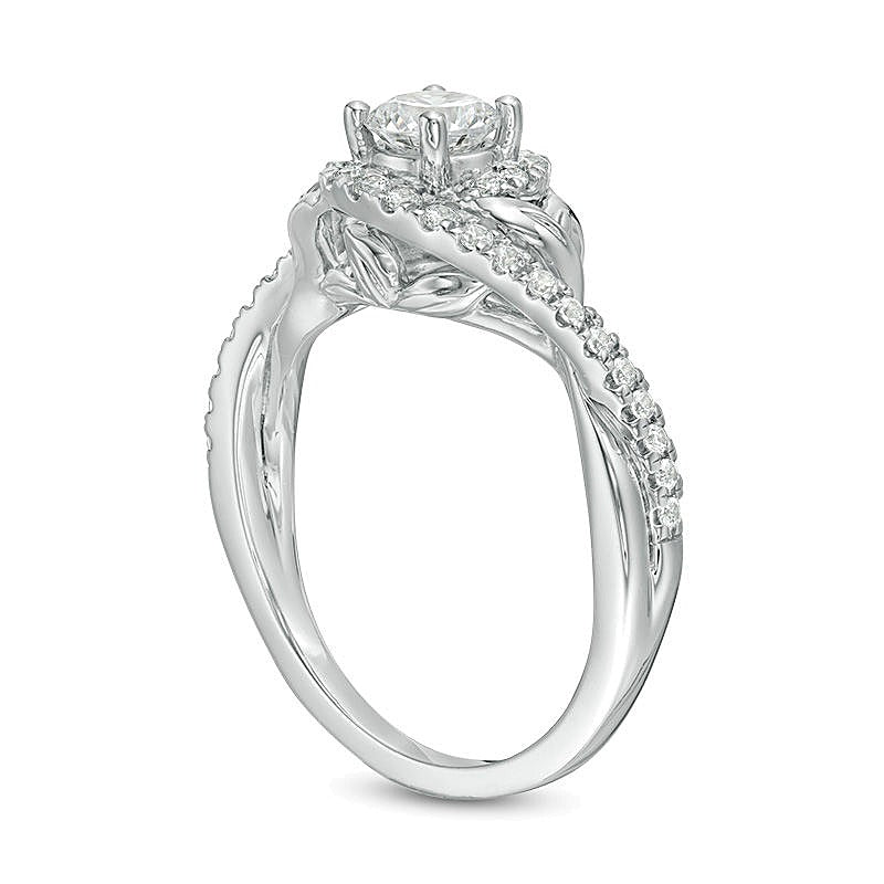 0,75 ct. Gesamtgewicht Diamant-Verlobungsring Solitär mit seitlichem Besatz und Blattmotiv im Bypass-Design in 14K Weißgold