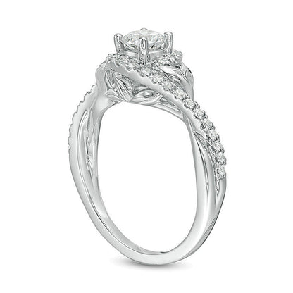 0,75 ct. Gesamtgewicht Diamant-Verlobungsring Solitär mit seitlichem Besatz und Blattmotiv im Bypass-Design in 14K Weißgold