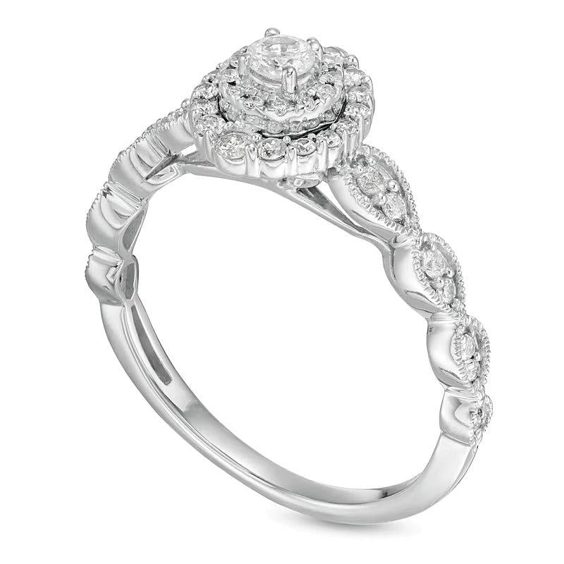0,38 ct. Gesamtgewicht Diamant Verlobungsring im Art-déco-Vintage-Stil mit doppeltem Halo in 10K Weißgold