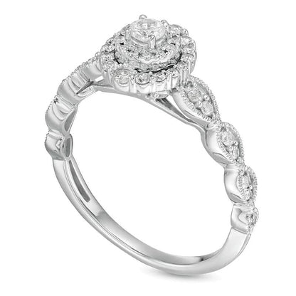 0,38 ct. Gesamtgewicht Diamant Verlobungsring im Art-déco-Vintage-Stil mit doppeltem Halo in 10K Weißgold