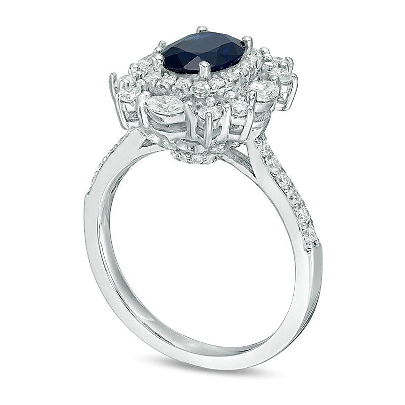 Ring mit ovalem blauem Saphir und 1.0 ct. Gesamtgewicht Diamanten im Vintage-Stil mit kissenförmigem Sternenrahmen in 14K Weißgold