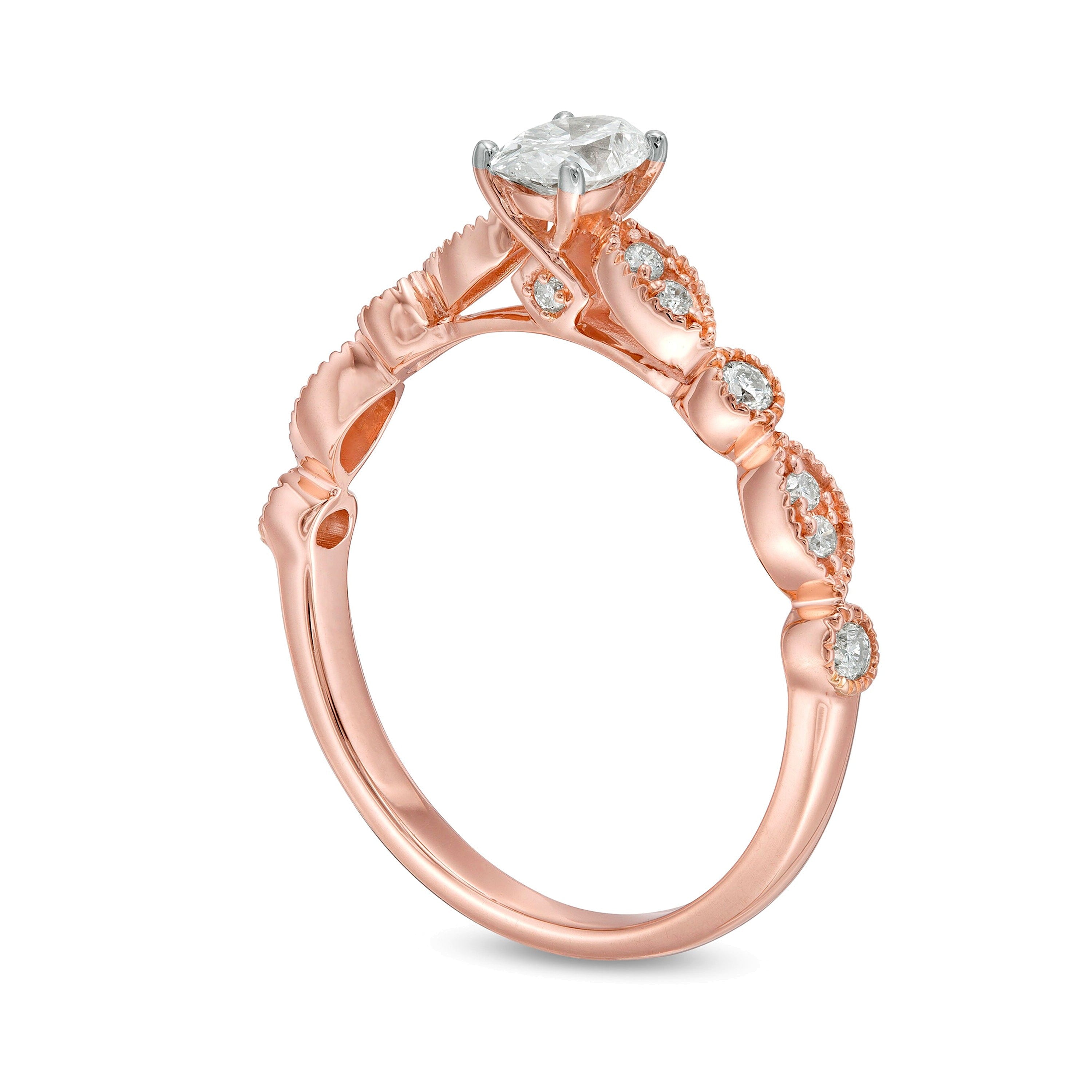 Solitär-Verlobungsring mit seitlichem Besatz im Vintage-Stil, 0,5 ct. Gesamtgewicht, ovaler Diamant mit Marquise und runden Diamanten, in 10K Roségold
