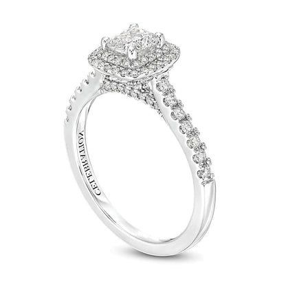 Halo-Verlobungsring mit Diamanten im Kissenschliff und rund, 1.0 ct. Gesamtgewicht, 14K Weißgold (I/SI2)