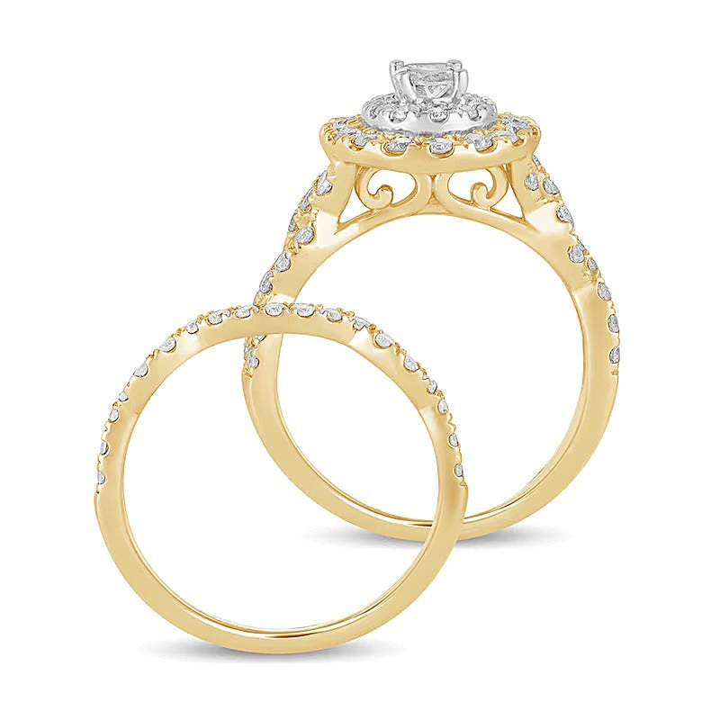 Braut-Set mit ovalem Diamant 1.5 ct. Gesamtgewicht, mehrreihig mit doppeltem Rahmen, in 10K Gelbgold