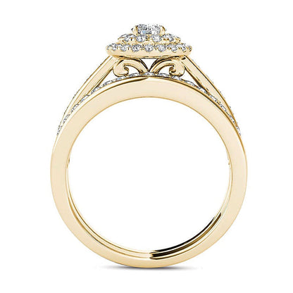 1.0 ct. Gesamtgewicht Diamant Brautset mit doppeltem Halo in 14K Gelbgold