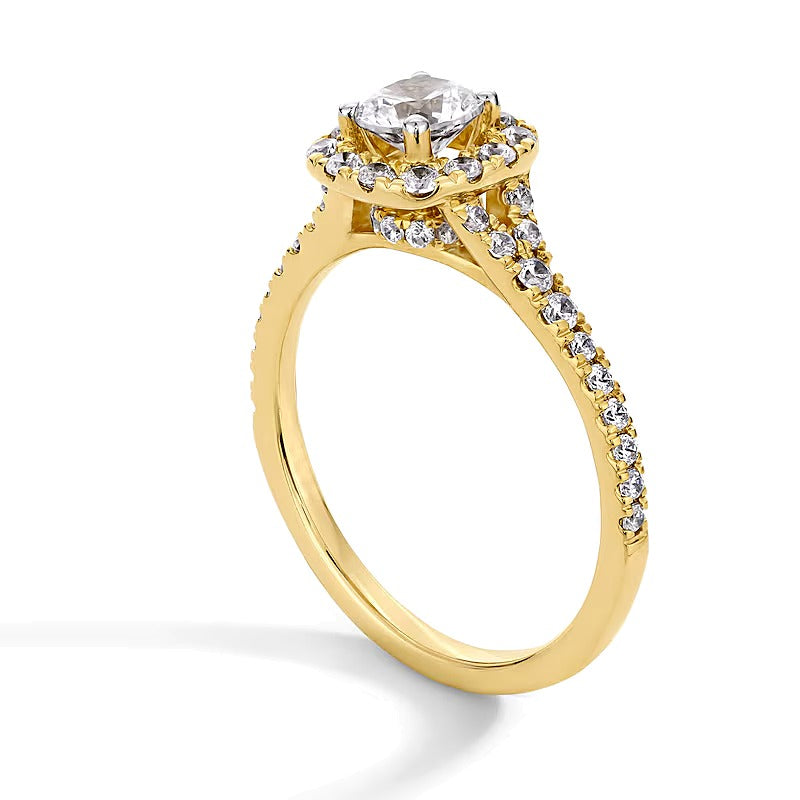 1.0 ct. Gesamtgewicht Labordiamant-Verlobungsring mit Halo, Kissenschliff und geteiltem Ring in 14K Gelbgold (F/SI2)