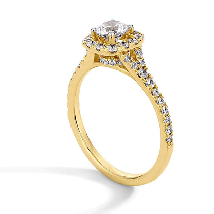 1.0 ct. Gesamtgewicht Labordiamant-Verlobungsring mit Halo, Kissenschliff und geteiltem Ring in 14K Gelbgold (F/SI2)
