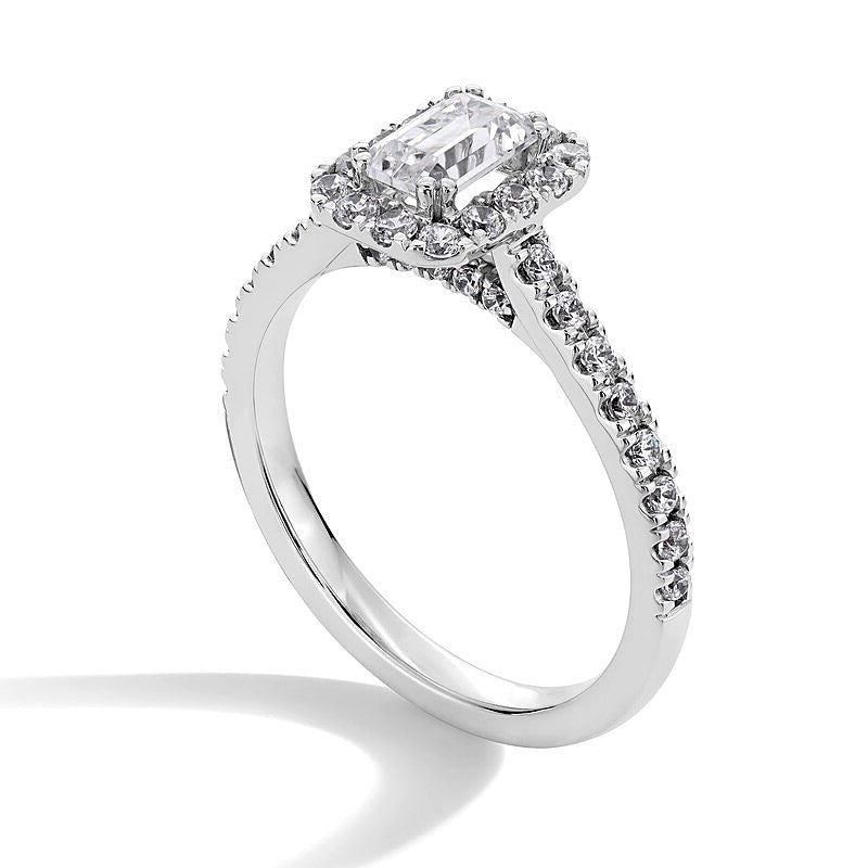 Halo-Verlobungsring mit Labordiamant im Smaragdschliff, 1.0 ct. Gesamtgewicht, in Platin (F/SI2)