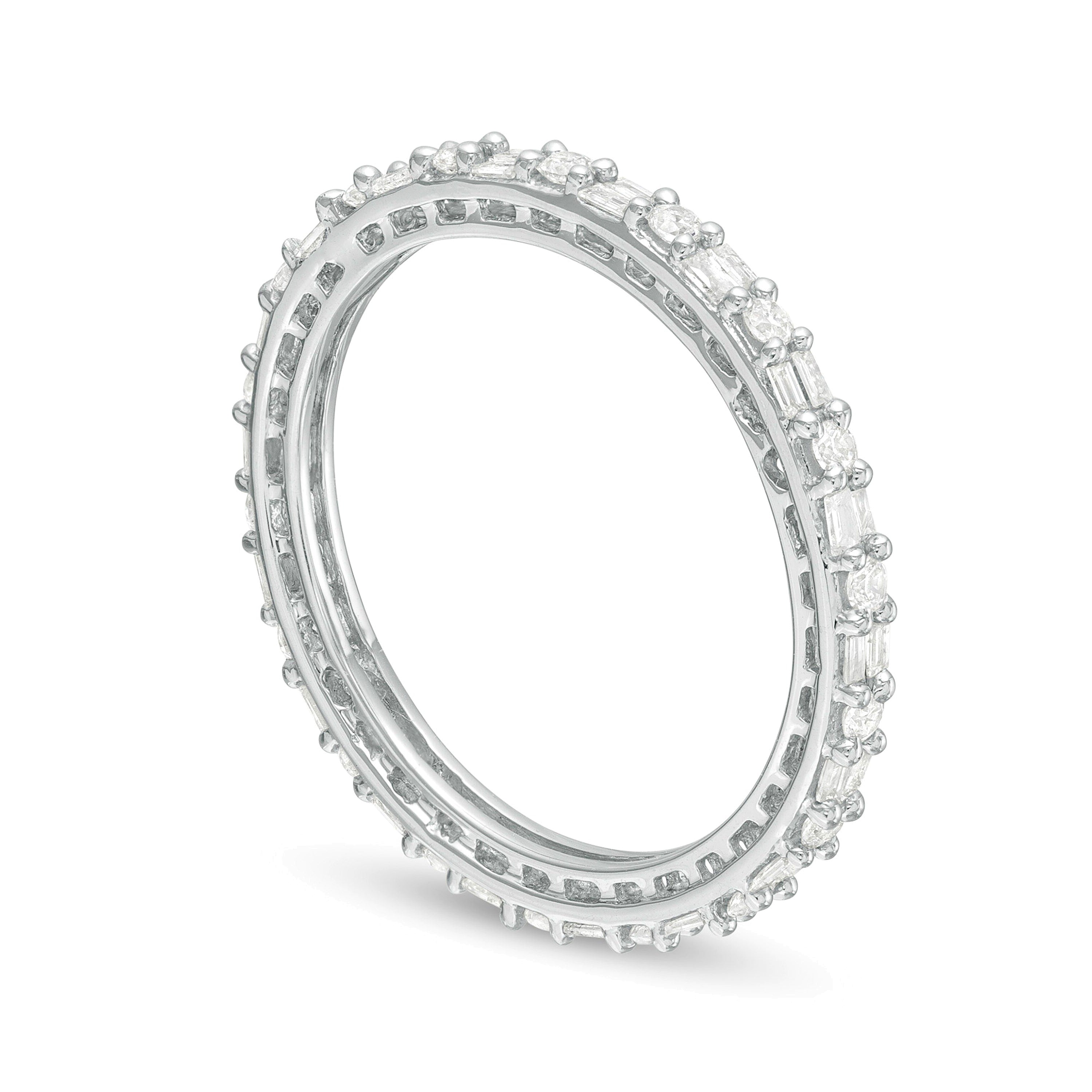 0.5 ct. Gesamtgewicht Memoire-Ring mit Diamanten im Baguette- und Rundschliff in 10K Weißgold