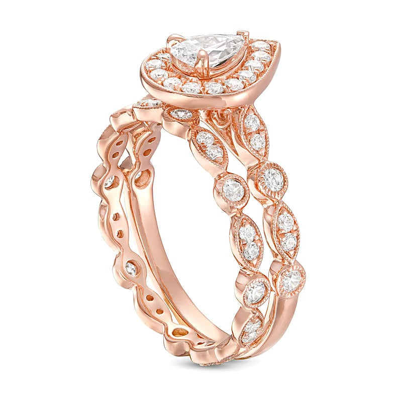 1.0 ct. Gesamtgewicht Brautset mit tropfenförmigem und rundem weißem Diamant in 14K Roségold