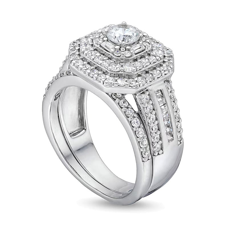 1.5 ct. Gesamtgewicht Diamant Brautset mit Kissenschliff, dreireihig und achteckigem Rahmen in 10K Weißgold