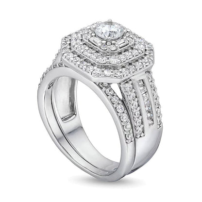 1.5 ct. Gesamtgewicht Diamant Brautset mit Kissenschliff, dreireihig und achteckigem Rahmen in 10K Weißgold