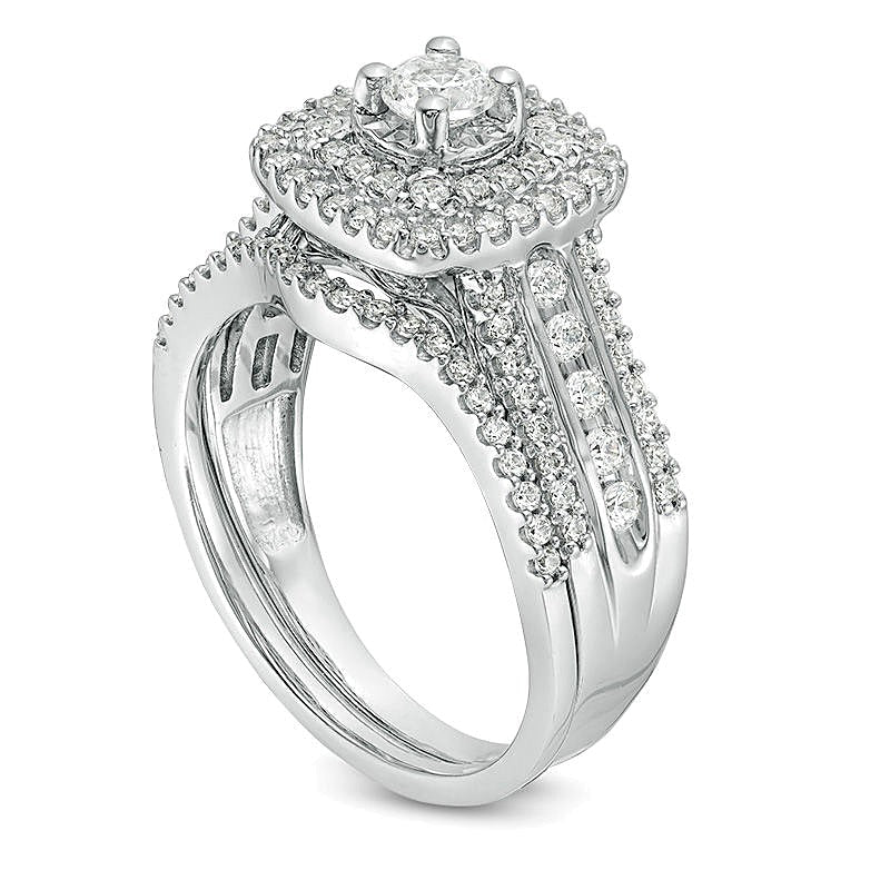 Brautset mit Diamanten 1.0 ct. Gesamtgewicht, rund & Kissenschliff, mehrreihig mit doppeltem Kissenschliff-Rahmen in 10K Weißgold