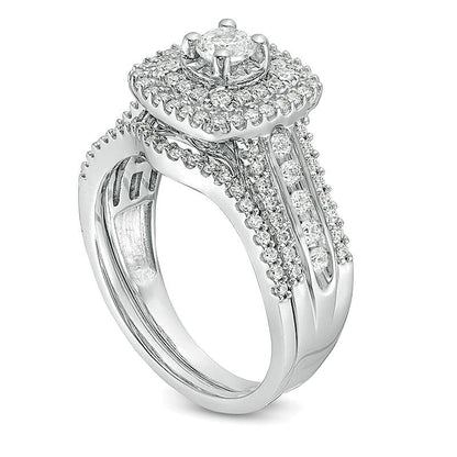 Brautset mit Diamanten 1.0 ct. Gesamtgewicht, rund & Kissenschliff, mehrreihig mit doppeltem Kissenschliff-Rahmen in 10K Weißgold