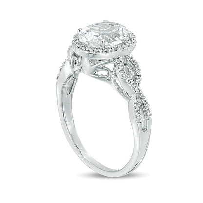 Verlobungsring für Damen mit ovalem, im Labor gezüchtetem weißem Saphir und Diamanten 0,17 ct. Gesamtgewicht im Halo aus rhodiniertem Sterlingsilber