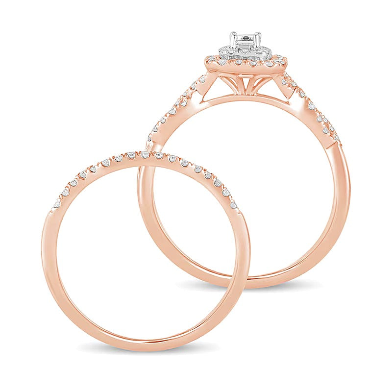 Braut-Set mit weißen Diamanten im Smaragdschliff 0.5 ct. Gesamtgewicht mit doppeltem Rahmen und mehrreihig in 10K Roségold