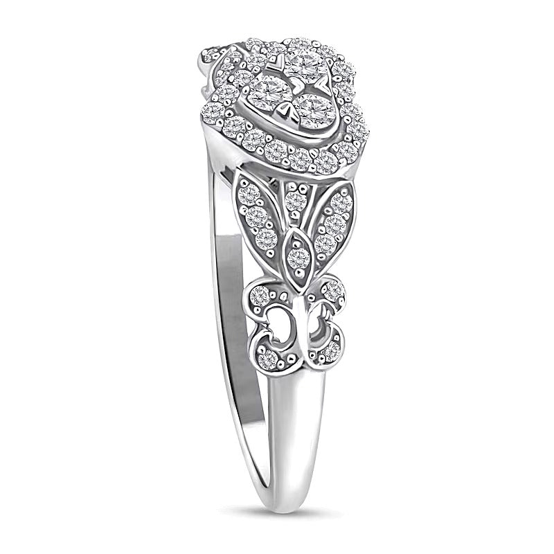 0.25 ct. Gesamtgewicht Herz-Ring mit mehreren Diamanten und Fleur-de-Lis-Ringschiene in 10K Weißgold