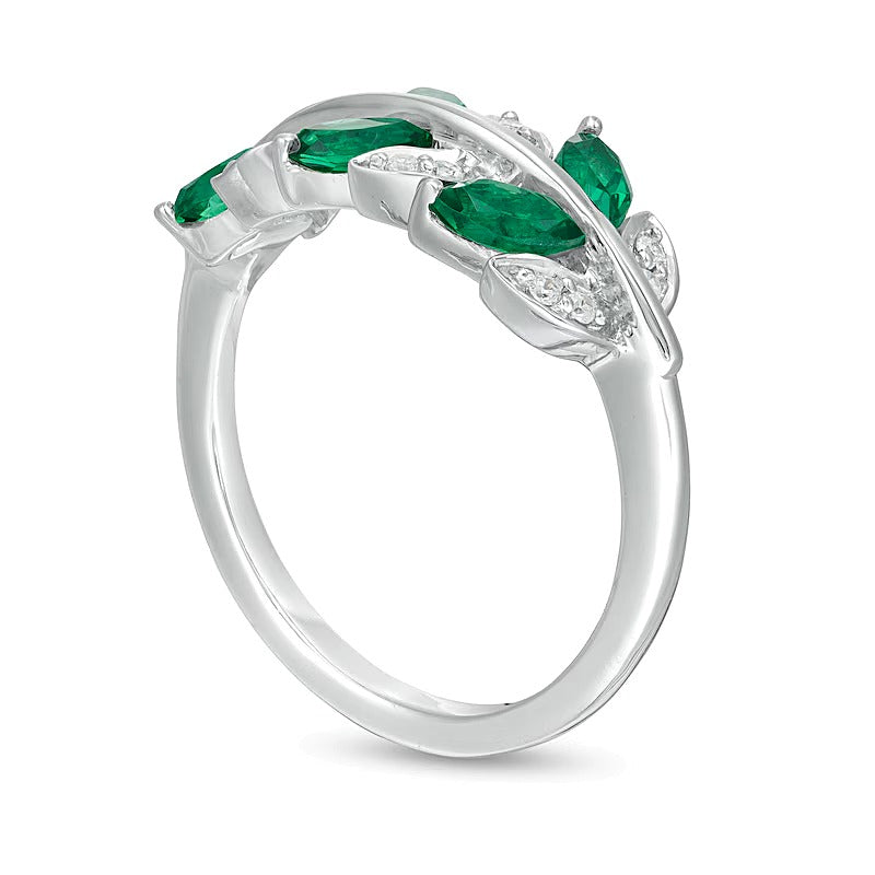 Fashion-Ring Blätter mit Marquise-Labor-Smaragd und 0,07 ct. Gesamtgewicht Diamanten in rhodiniertem Sterlingsilber
