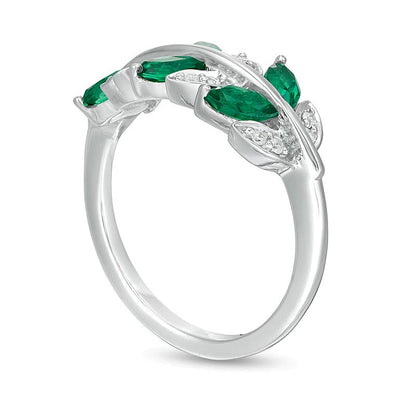 Fashion-Ring Blätter mit Marquise-Labor-Smaragd und 0,07 ct. Gesamtgewicht Diamanten in rhodiniertem Sterlingsilber