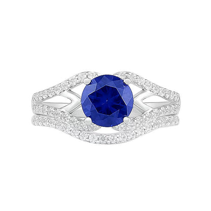 7,0mm Braut-Set mit blauem und weißem Labor-Saphir (rund), geometrisch, geteilte Schiene, in rhodiniertem Sterlingsilber