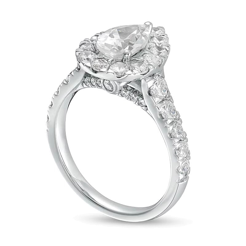 2.5 ct. Gesamtgewicht Verlobungsring mit Labordiamanten im Tropfen- und Rundschliff, Halo, in 14K Weißgold (F/VS2)