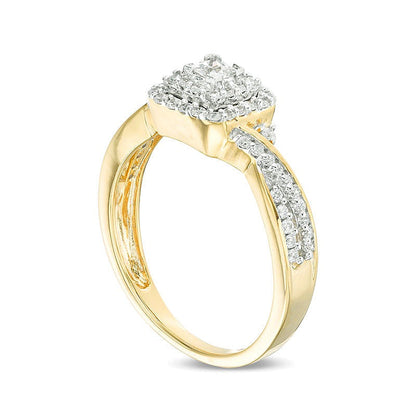 0.33 ct. Gesamtgewicht Verlobungsring mit Diamanten im Princess- und Rundschliff, Halo, in 10K Gelbgold