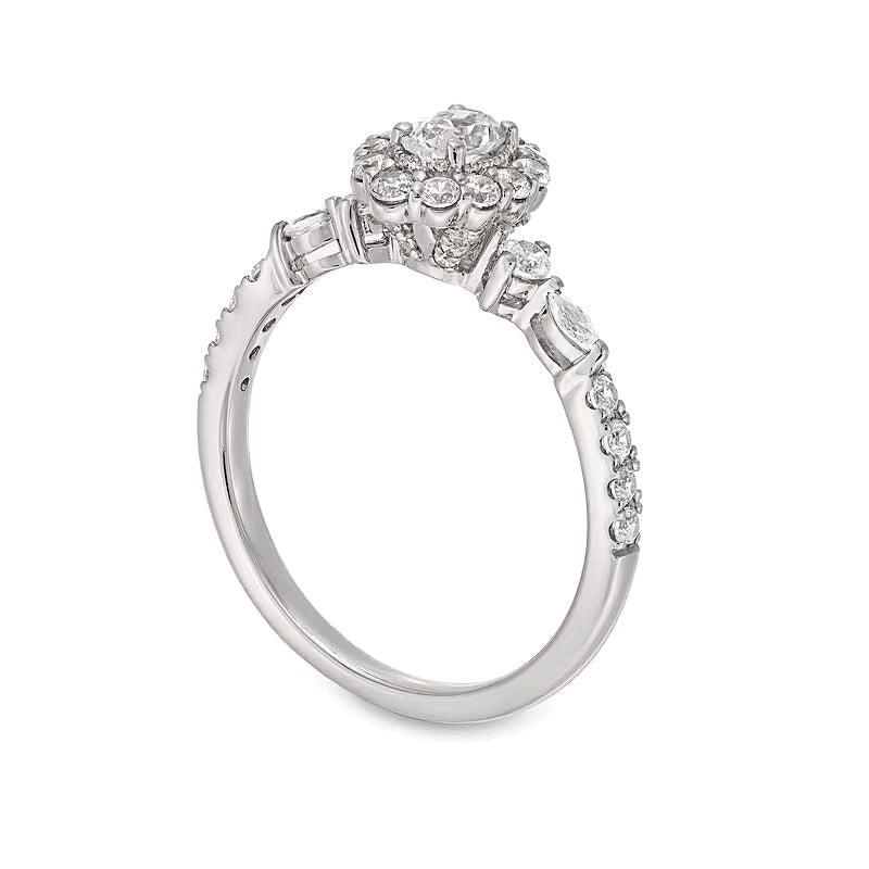 0.75 ct. Gesamtgewicht Verlobungsring im Vintage-Stil mit Halo und ovalem Diamant in 14K Weißgold