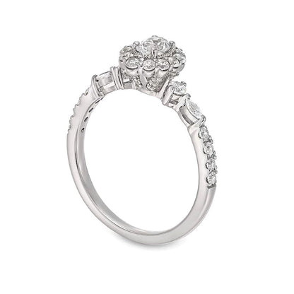 0.75 ct. Gesamtgewicht Verlobungsring im Vintage-Stil mit Halo und ovalem Diamant in 14K Weißgold