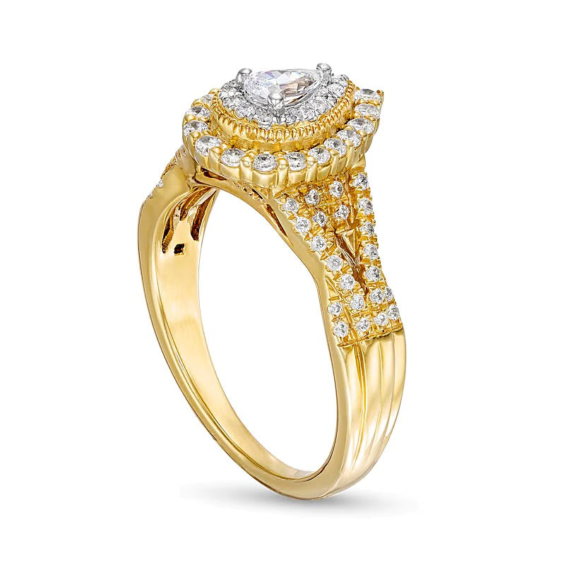 0.63 ct. Gesamtgewicht Verlobungsring mit tropfenförmigem Diamant, Halo und geteiltem Ringschienen-Twist in 10K Gelbgold