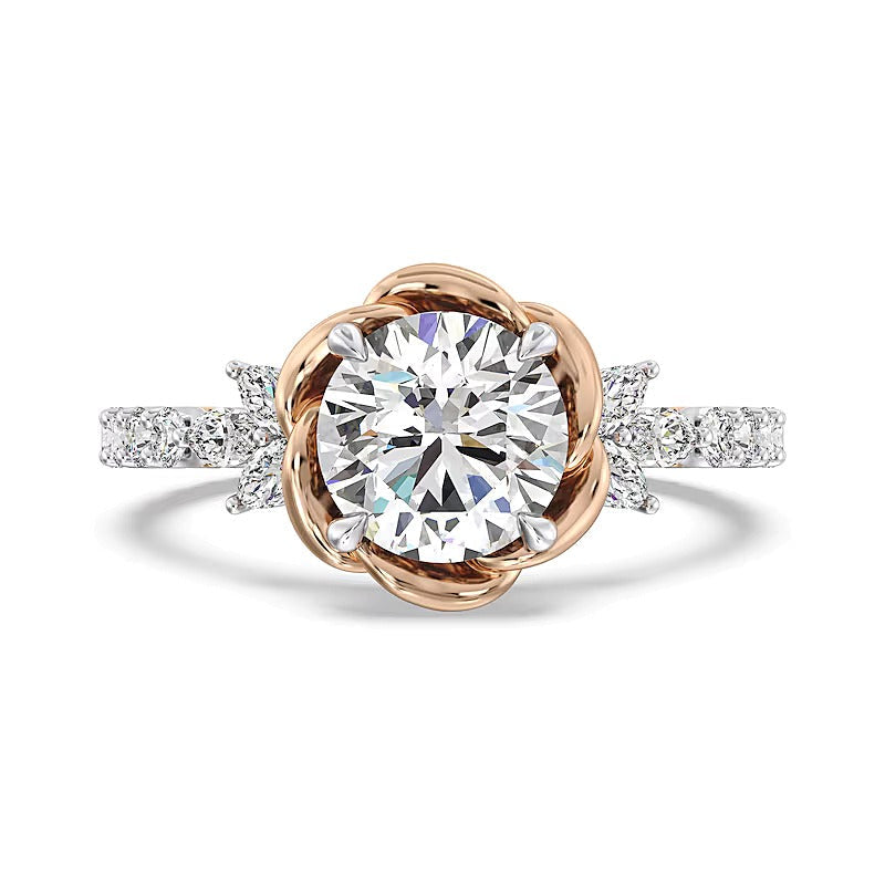 Solitär-Verlobungsring mit seitlichem Besatz für Damen mit Labordiamanten in rund und Marquise, 2,75 ct. Gesamtgewicht, weiß, 14K Two-Tone Gold