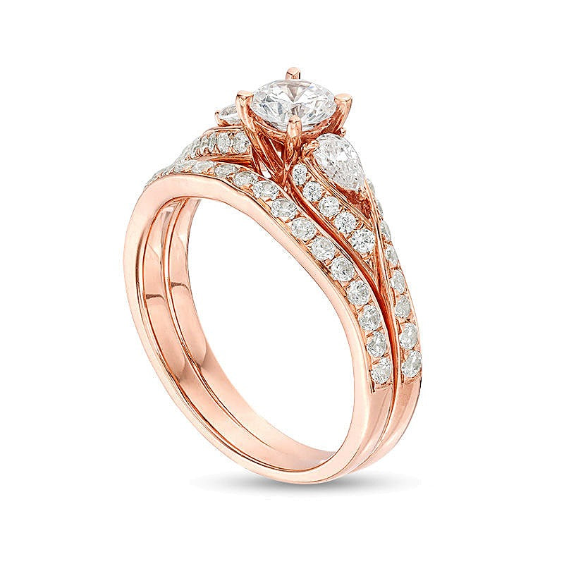 Braut-Set mit Diamanten im Rund- und Tropfenschliff, Bypass Dreistein, 1,38 ct. Gesamtgewicht, in 14K Roségold