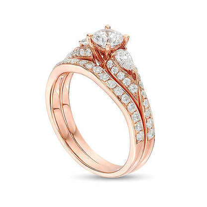 Braut-Set mit Diamanten im Rund- und Tropfenschliff, Bypass Dreistein, 1,38 ct. Gesamtgewicht, in 14K Roségold
