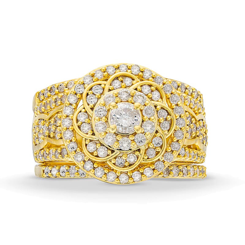 Brautset mit Diamanten 1.5 ct. Gesamtgewicht im keltischen Blumen-Design in 10K Gelbgold