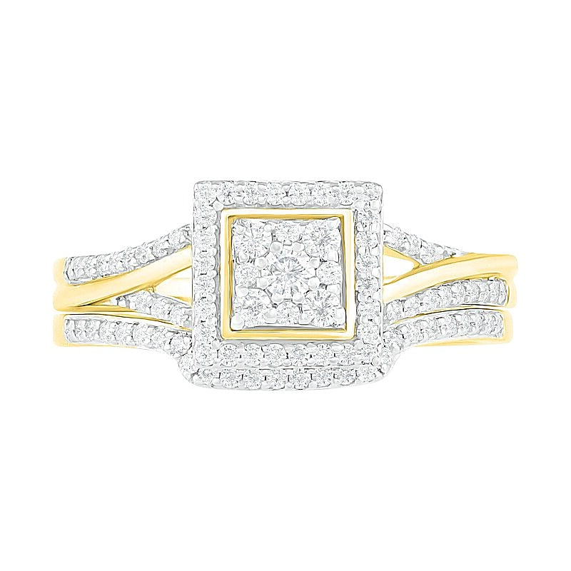 Komposit-Diamant Brautset mit quadratischem Rahmen und geteiltem Ringkopf 0,38 ct. Gesamtgewicht in 10K Gelbgold