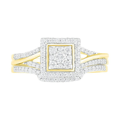 Komposit-Diamant Brautset mit quadratischem Rahmen und geteiltem Ringkopf 0,38 ct. Gesamtgewicht in 10K Gelbgold