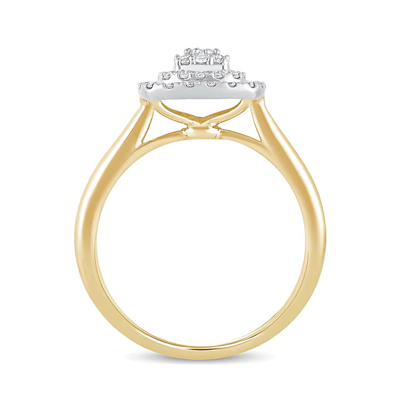 0,33 ct. Gesamtgewicht Komposit-Verlobungsring mit weißen Diamanten im Kissenschliff und runden Diamanten in doppeltem Rahmen aus 10K Gelbgold