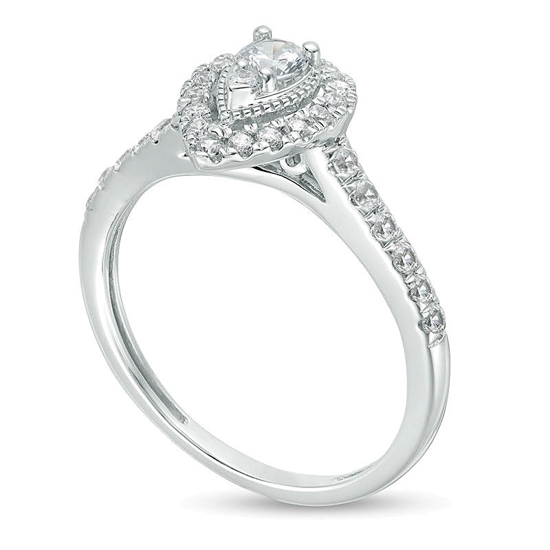 0,5 ct. Gesamtgewicht Diamant Verlobungsring im Vintage-Stil mit tropfenförmigem Halo in 14K Weißgold