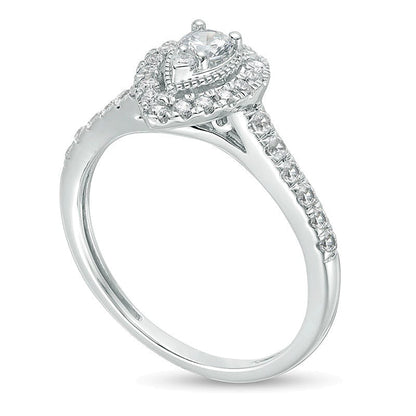 0,5 ct. Gesamtgewicht Diamant Verlobungsring im Vintage-Stil mit tropfenförmigem Halo in 14K Weißgold
