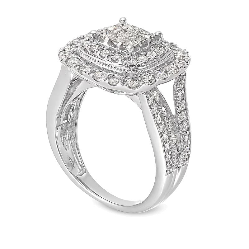 2.0 ct. Gesamtgewicht Verlobungsring mit Diamanten im Princess-, Rund- und Kissenschliff, mehrreihig, doppelter Kissen-Rahmen, in 10K Weißgold