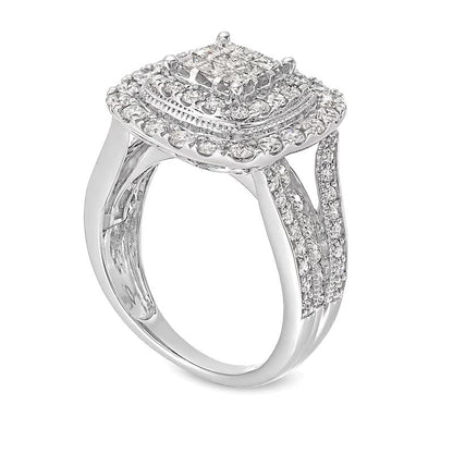 2.0 ct. Gesamtgewicht Verlobungsring mit Diamanten im Princess-, Rund- und Kissenschliff, mehrreihig, doppelter Kissen-Rahmen, in 10K Weißgold