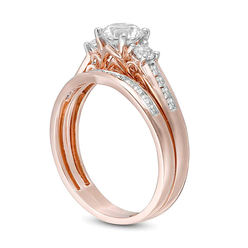 Braut-Set mit Labor-Saphir in Weiß, rund, 5,4 mm, Dreistein, aus 10K Roségold