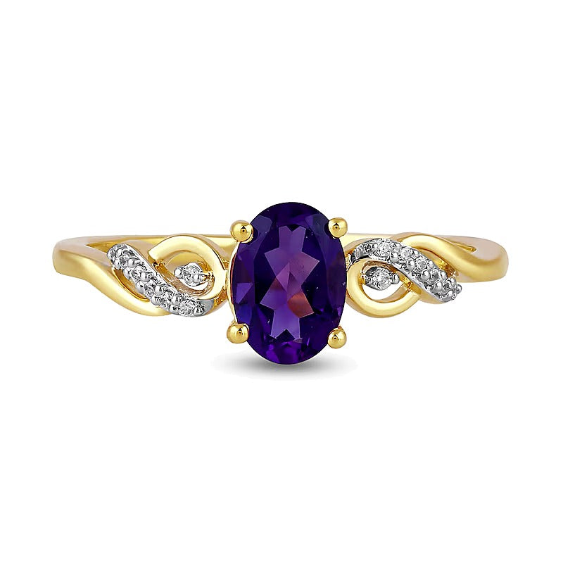 Fashion-Ring mit ovalem Amethyst und Diamant-Besatz in 10K Gelbgold