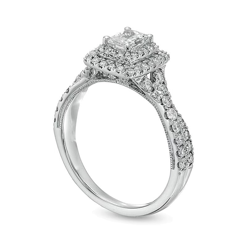 1.25 CT. Gesamtgewicht Verlobungsring im Vintage-Stil mit Diamanten im Radiant-Schliff und Halo aus 14K Weißgold (I/SI2)