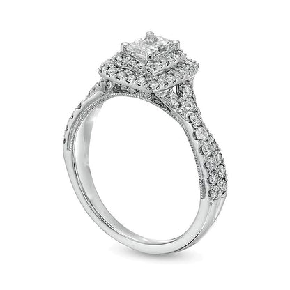 1.25 CT. Gesamtgewicht Verlobungsring im Vintage-Stil mit Diamanten im Radiant-Schliff und Halo aus 14K Weißgold (I/SI2)
